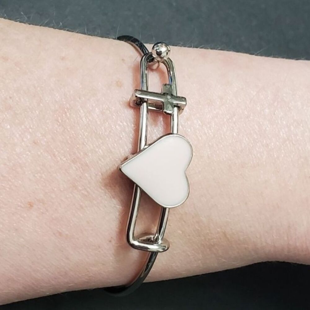 Silver tone slide charm bangle bracelet pink heart 7.25"